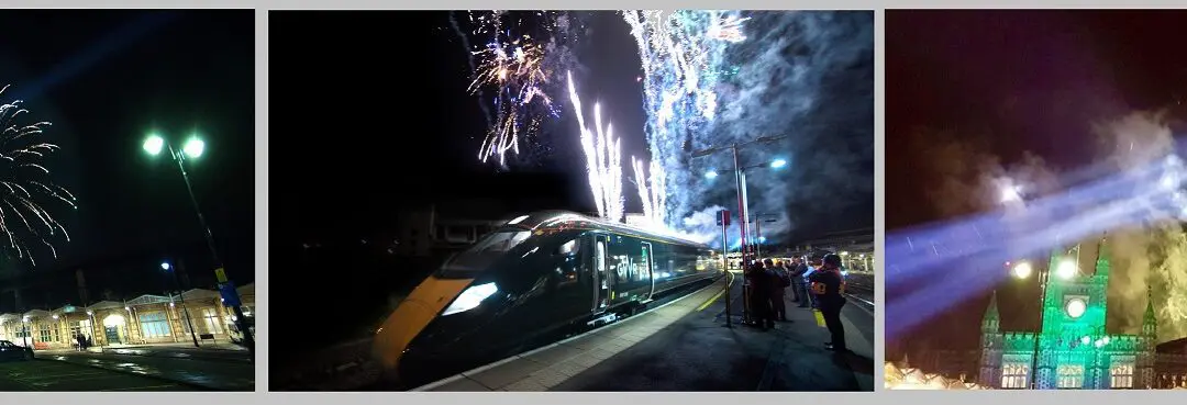 GWR Buildings lit up green for train launch, Bristol