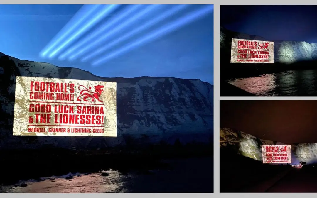 Wishing Good Luck to the Lionesses with projections on White Cliffs of Dover
