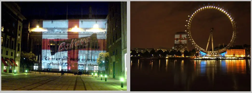 Outdoor building projection – England’s 2006 World Cup-Mars Campaign, London.