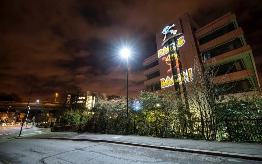 London Projection Stunt Surprise Pac-Man projection on to Sega HQ building
