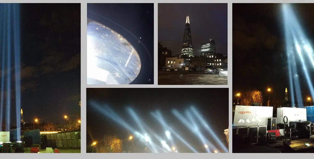 Searchlights shining over London for press event in The Shard