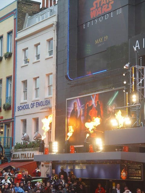 Firestorm stage flame effect Leicester Square Premiere London