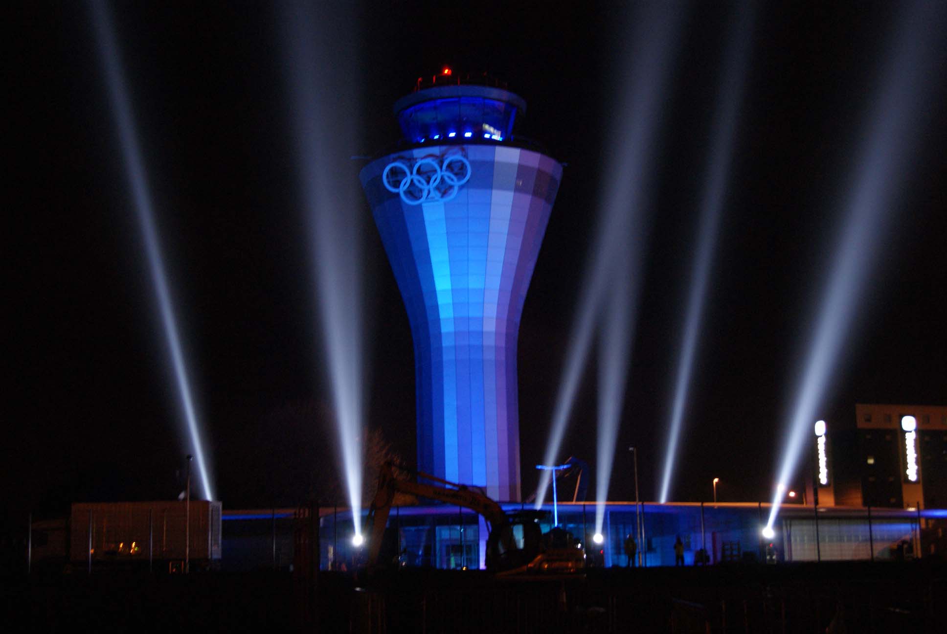 Birmingham airport reveal the Giant welcoming Olympic rings a massive searchlight show