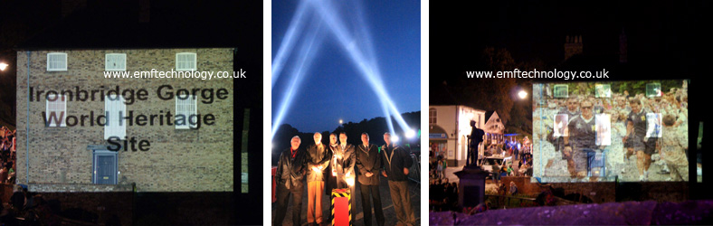 Outdoor projection and searchlights lit up the night for the celebrations of the Ironbridge Festival