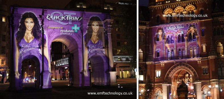 Massive outdoor projection advertising campaign for Kim Kardashian's new Quick Trim product.