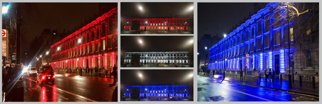 Whitehall marks Brexit with whole facade lit up in red, white and blue. 